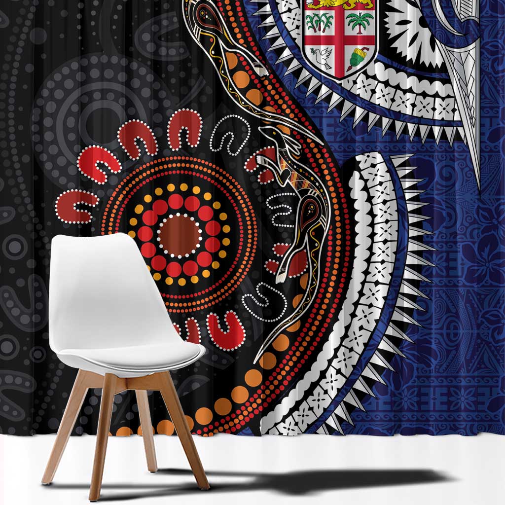 Fiji and Australia Together Window Curtain Kangaroo Aboriginal with Tribal Tapa Hibiscus Half Style - Polynesian Pride