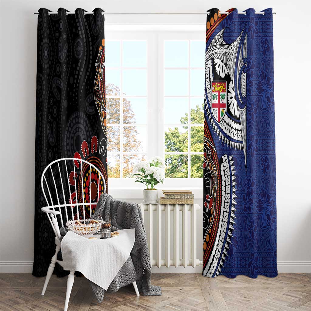 Fiji and Australia Together Window Curtain Kangaroo Aboriginal with Tribal Tapa Hibiscus Half Style - Polynesian Pride