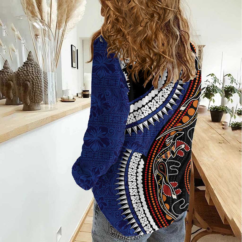 Fiji and Australia Together Women Casual Shirt Kangaroo Aboriginal with Tribal Tapa Hibiscus Half Style - Polynesian Pride