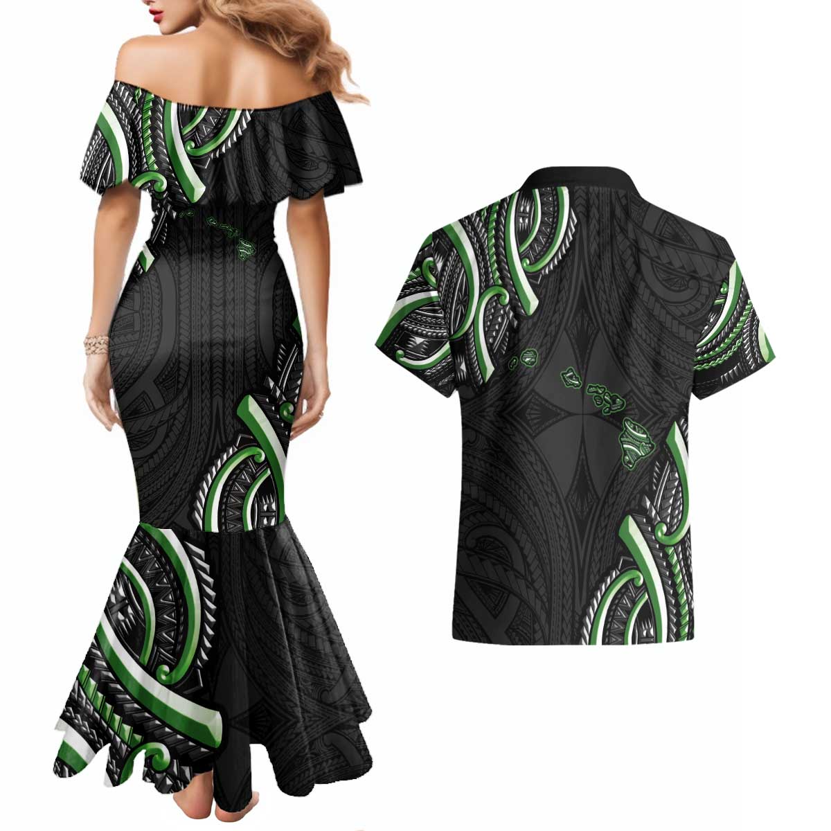 Traditional Art Hawaiian Kakau Tattoos Couples Matching Mermaid Dress and Hawaiian Shirt Green Color LT03 - Polynesian Pride