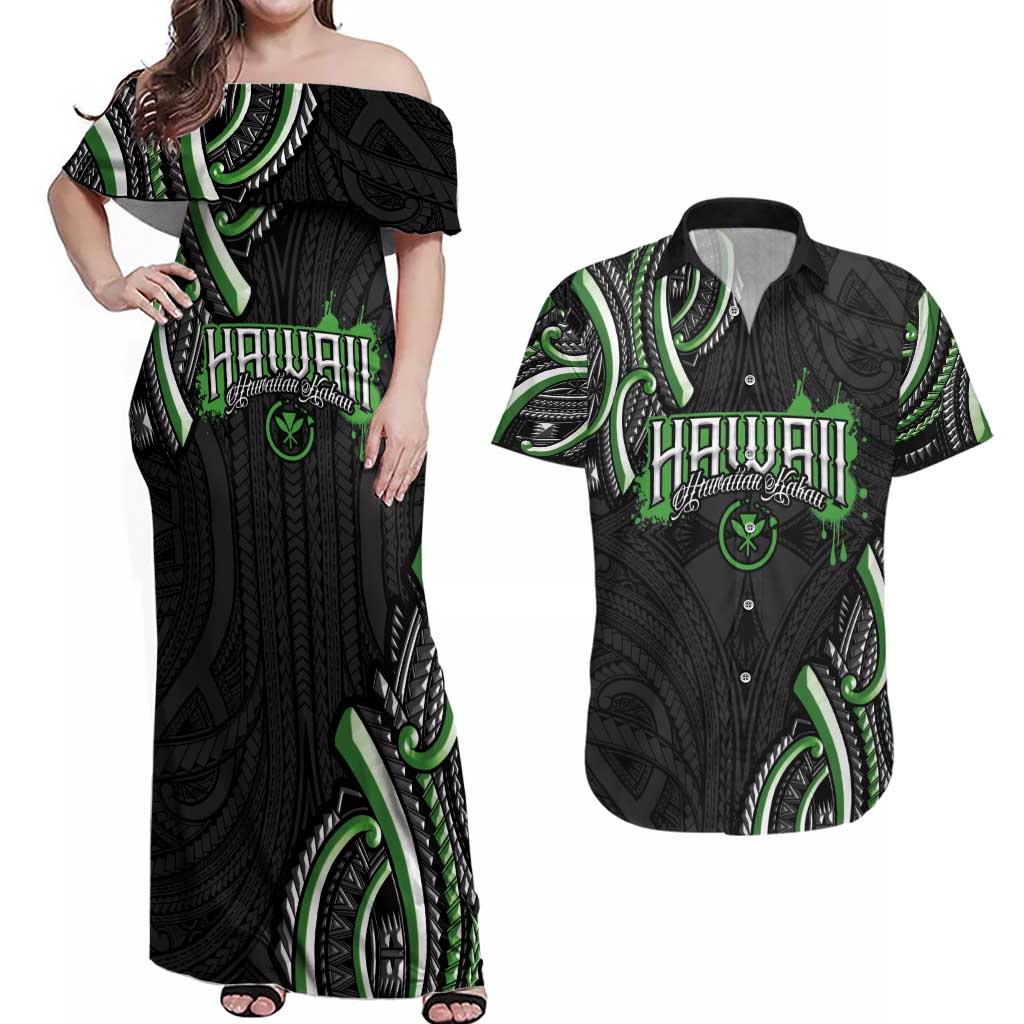 Traditional Art Hawaiian Kakau Tattoos Couples Matching Off Shoulder Maxi Dress and Hawaiian Shirt Green Color LT03 Green - Polynesian Pride