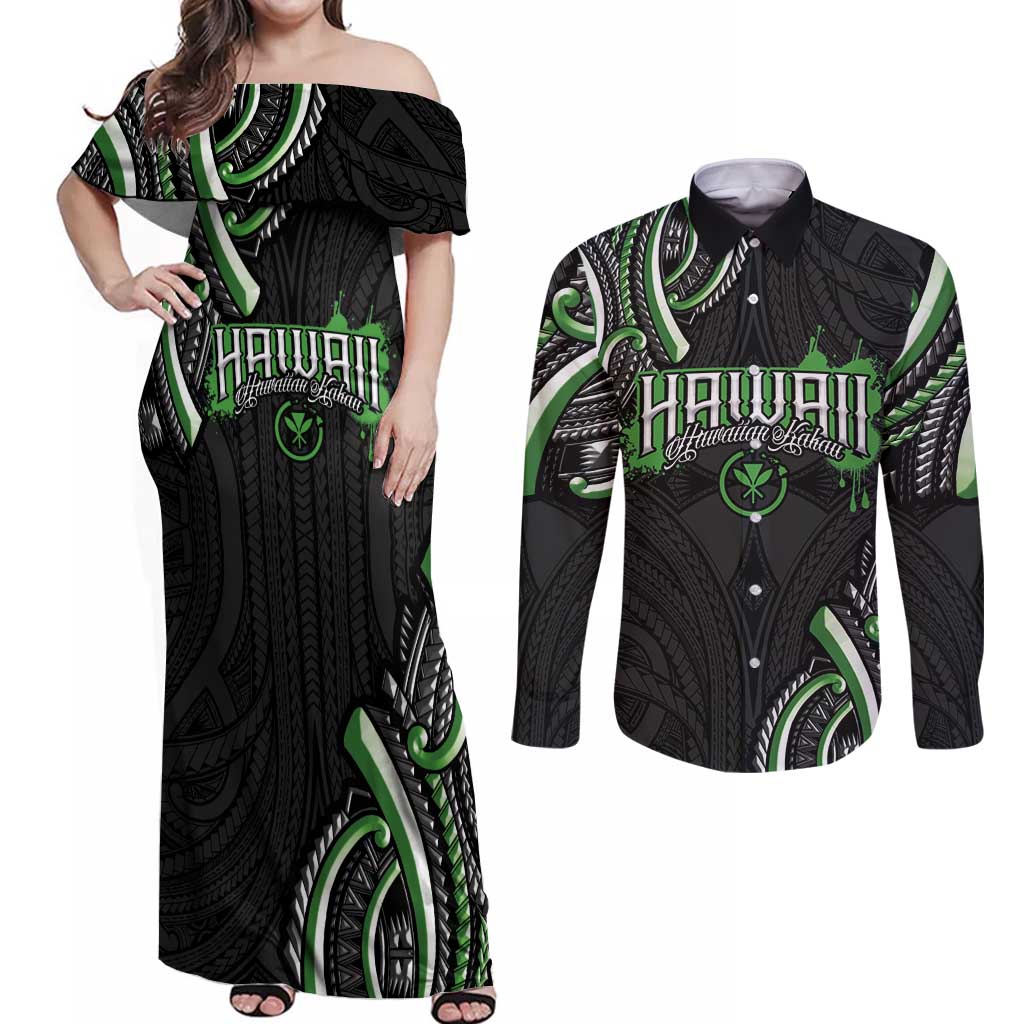 Traditional Art Hawaiian Kakau Tattoos Couples Matching Off Shoulder Maxi Dress and Long Sleeve Button Shirt Green Color LT03 Green - Polynesian Pride
