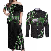 Traditional Art Hawaiian Kakau Tattoos Couples Matching Off Shoulder Maxi Dress and Long Sleeve Button Shirt Green Color LT03 Green - Polynesian Pride