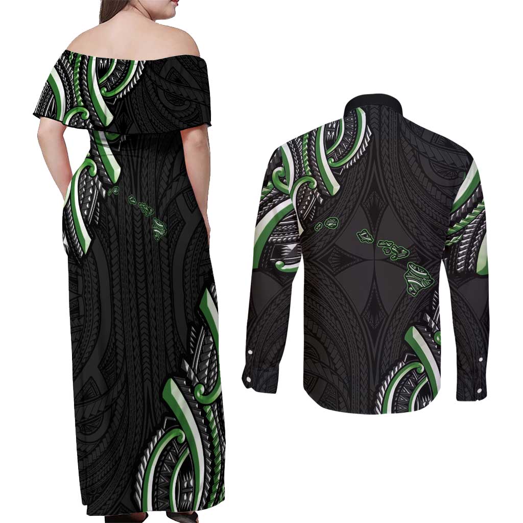 Traditional Art Hawaiian Kakau Tattoos Couples Matching Off Shoulder Maxi Dress and Long Sleeve Button Shirt Green Color LT03 - Polynesian Pride