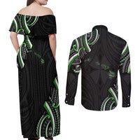 Traditional Art Hawaiian Kakau Tattoos Couples Matching Off Shoulder Maxi Dress and Long Sleeve Button Shirt Green Color LT03 - Polynesian Pride