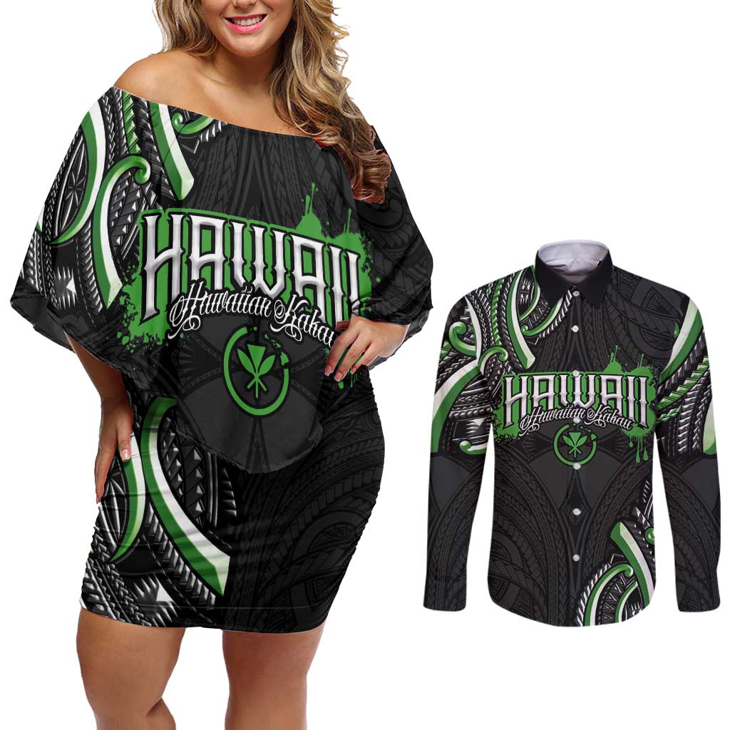 Traditional Art Hawaiian Kakau Tattoos Couples Matching Off Shoulder Short Dress and Long Sleeve Button Shirt Green Color LT03 Green - Polynesian Pride