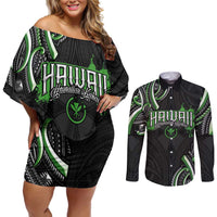 Traditional Art Hawaiian Kakau Tattoos Couples Matching Off Shoulder Short Dress and Long Sleeve Button Shirt Green Color LT03 Green - Polynesian Pride