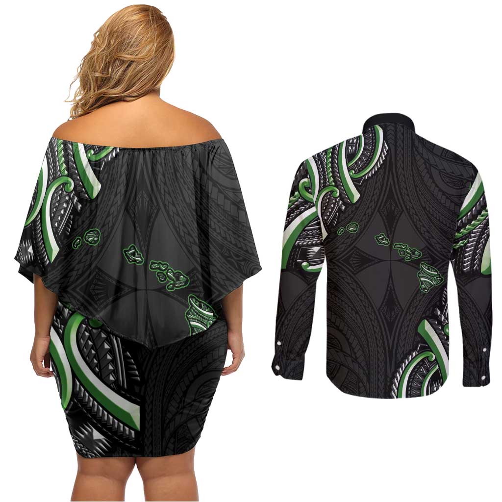 Traditional Art Hawaiian Kakau Tattoos Couples Matching Off Shoulder Short Dress and Long Sleeve Button Shirt Green Color LT03 - Polynesian Pride