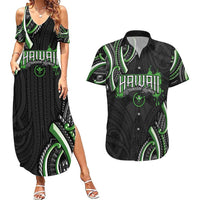 Traditional Art Hawaiian Kakau Tattoos Couples Matching Summer Maxi Dress and Hawaiian Shirt Green Color LT03 Green - Polynesian Pride
