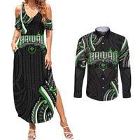 Traditional Art Hawaiian Kakau Tattoos Couples Matching Summer Maxi Dress and Long Sleeve Button Shirt Green Color LT03 Green - Polynesian Pride
