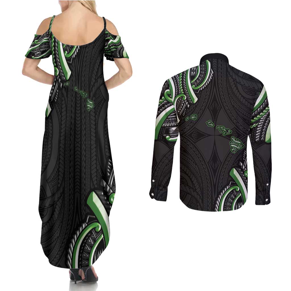 Traditional Art Hawaiian Kakau Tattoos Couples Matching Summer Maxi Dress and Long Sleeve Button Shirt Green Color LT03 - Polynesian Pride