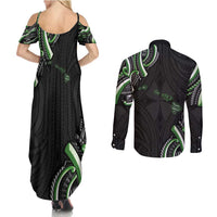 Traditional Art Hawaiian Kakau Tattoos Couples Matching Summer Maxi Dress and Long Sleeve Button Shirt Green Color LT03 - Polynesian Pride