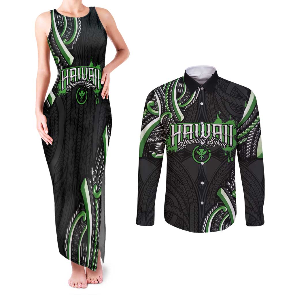 Traditional Art Hawaiian Kakau Tattoos Couples Matching Tank Maxi Dress and Long Sleeve Button Shirt Green Color LT03 Green - Polynesian Pride