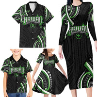 Traditional Art Hawaiian Kakau Tattoos Family Matching Long Sleeve Bodycon Dress and Hawaiian Shirt Green Color LT03 - Polynesian Pride