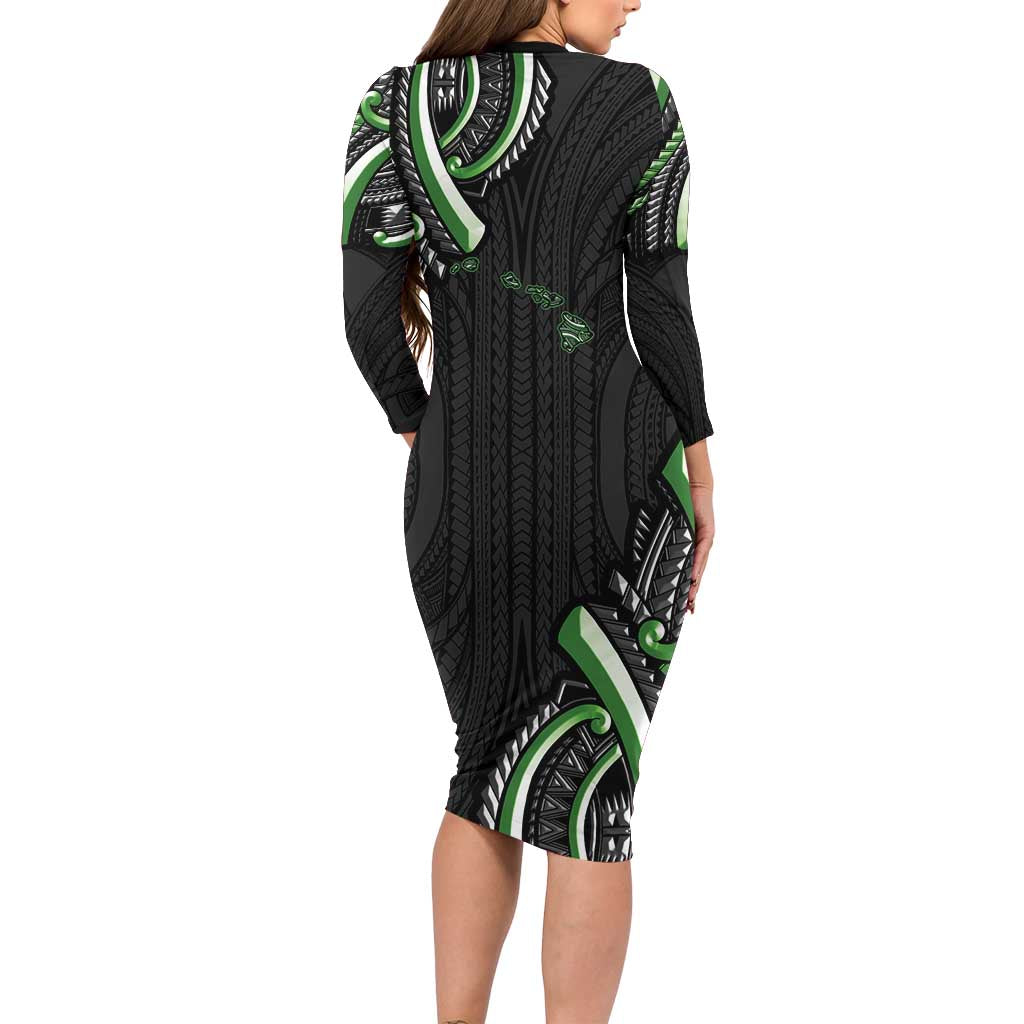 Traditional Art Hawaiian Kakau Tattoos Family Matching Long Sleeve Bodycon Dress and Hawaiian Shirt Green Color LT03 - Polynesian Pride