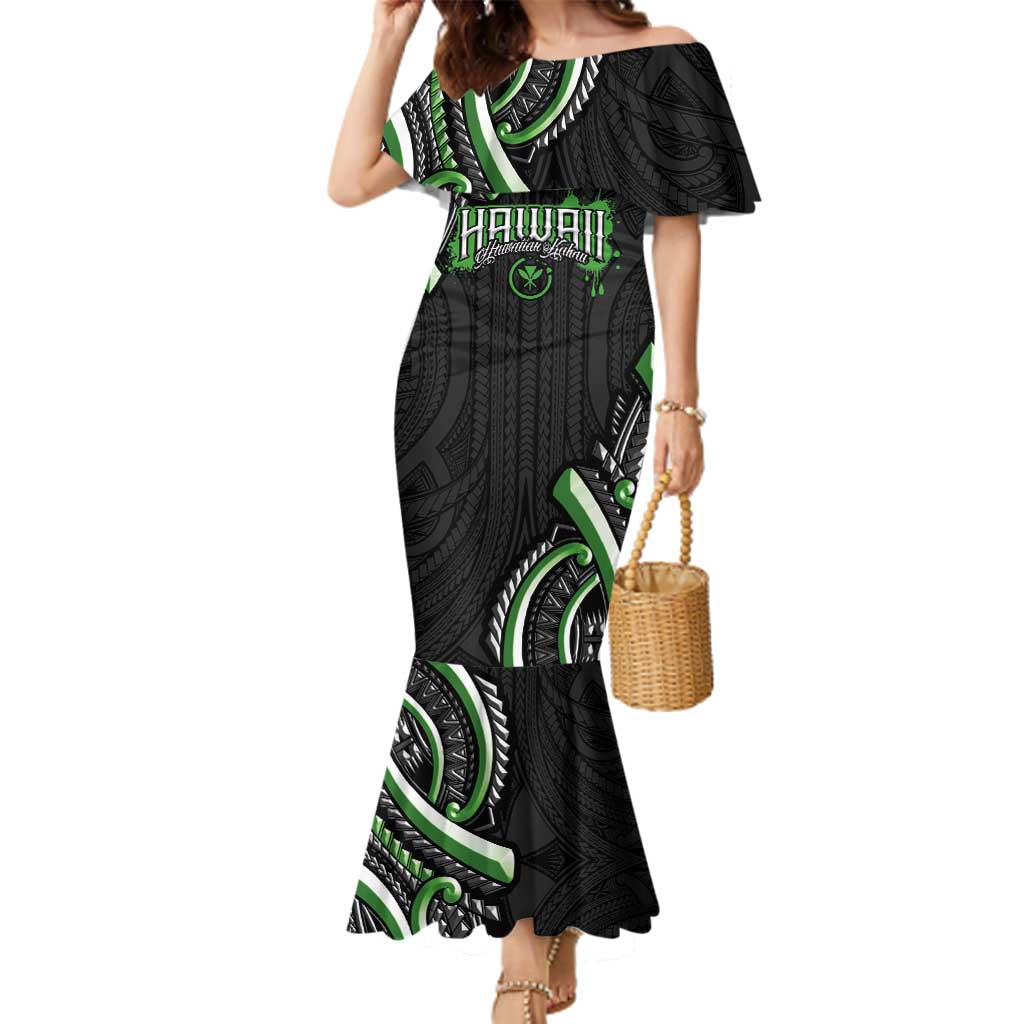 Traditional Art Hawaiian Kakau Tattoos Family Matching Mermaid Dress and Hawaiian Shirt Green Color LT03 Mom's Dress Green - Polynesian Pride