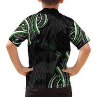 Traditional Art Hawaiian Kakau Tattoos Family Matching Off The Shoulder Long Sleeve Dress and Hawaiian Shirt Green Color - Polynesian Pride