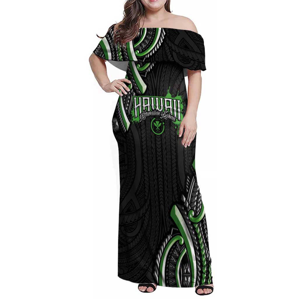Traditional Art Hawaiian Kakau Tattoos Family Matching Off Shoulder Maxi Dress and Hawaiian Shirt Green Color LT03 Mom's Dress Green - Polynesian Pride