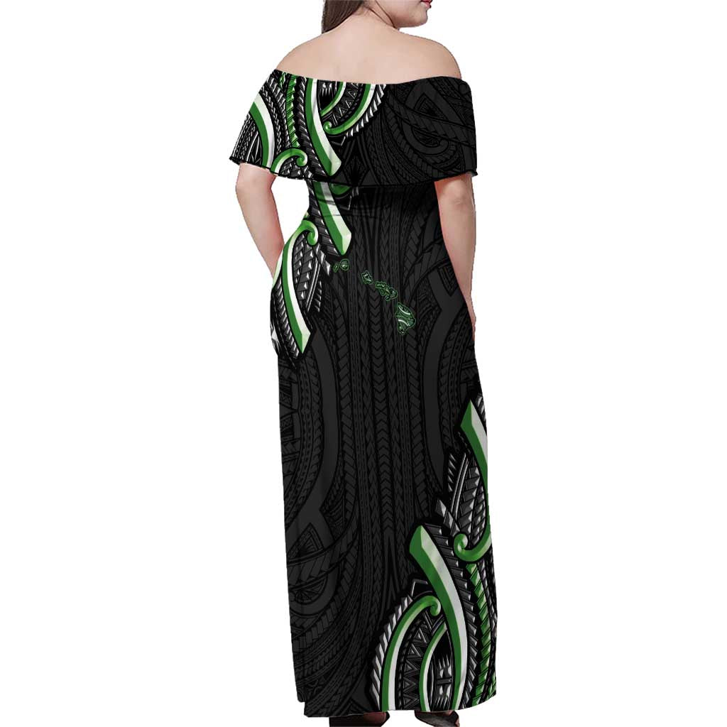 Traditional Art Hawaiian Kakau Tattoos Family Matching Off Shoulder Maxi Dress and Hawaiian Shirt Green Color LT03 - Polynesian Pride
