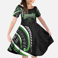 Traditional Art Hawaiian Kakau Tattoos Family Matching Short Sleeve Bodycon Dress and Hawaiian Shirt Green Color LT03 Daughter's Dress Green - Polynesian Pride