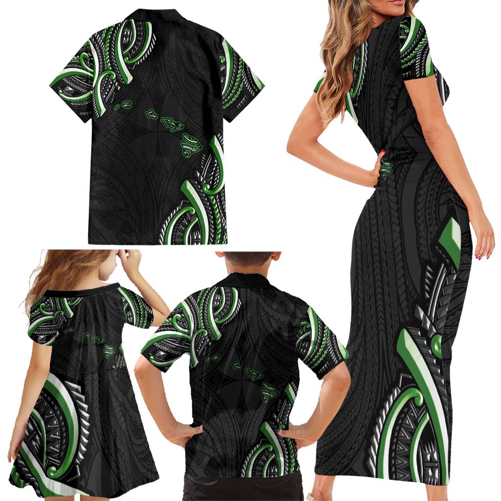 Traditional Art Hawaiian Kakau Tattoos Family Matching Short Sleeve Bodycon Dress and Hawaiian Shirt Green Color LT03 - Polynesian Pride