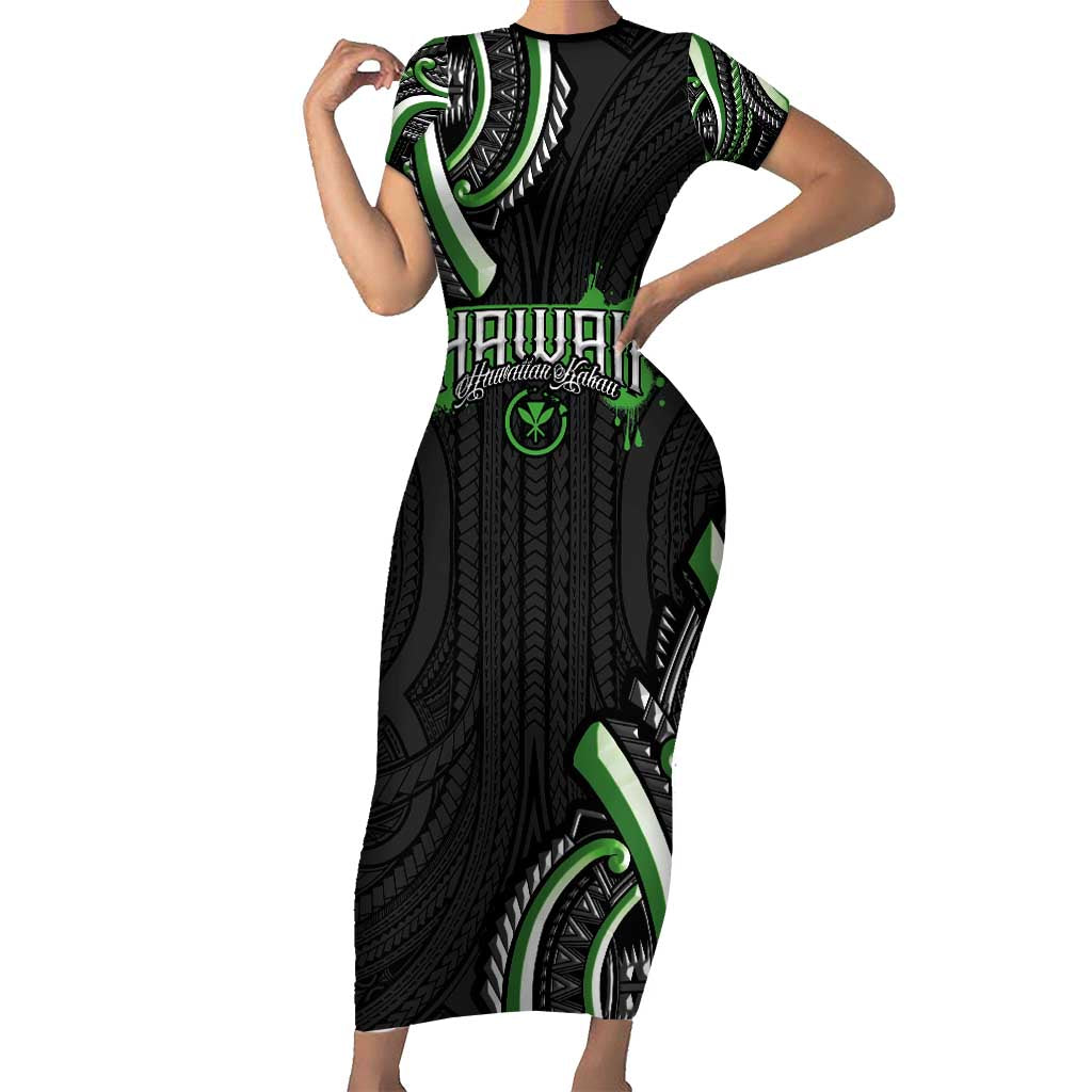 Traditional Art Hawaiian Kakau Tattoos Family Matching Short Sleeve Bodycon Dress and Hawaiian Shirt Green Color LT03 Mom's Dress Green - Polynesian Pride