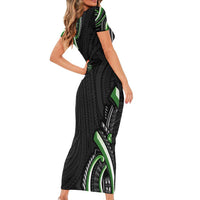 Traditional Art Hawaiian Kakau Tattoos Family Matching Short Sleeve Bodycon Dress and Hawaiian Shirt Green Color LT03 - Polynesian Pride