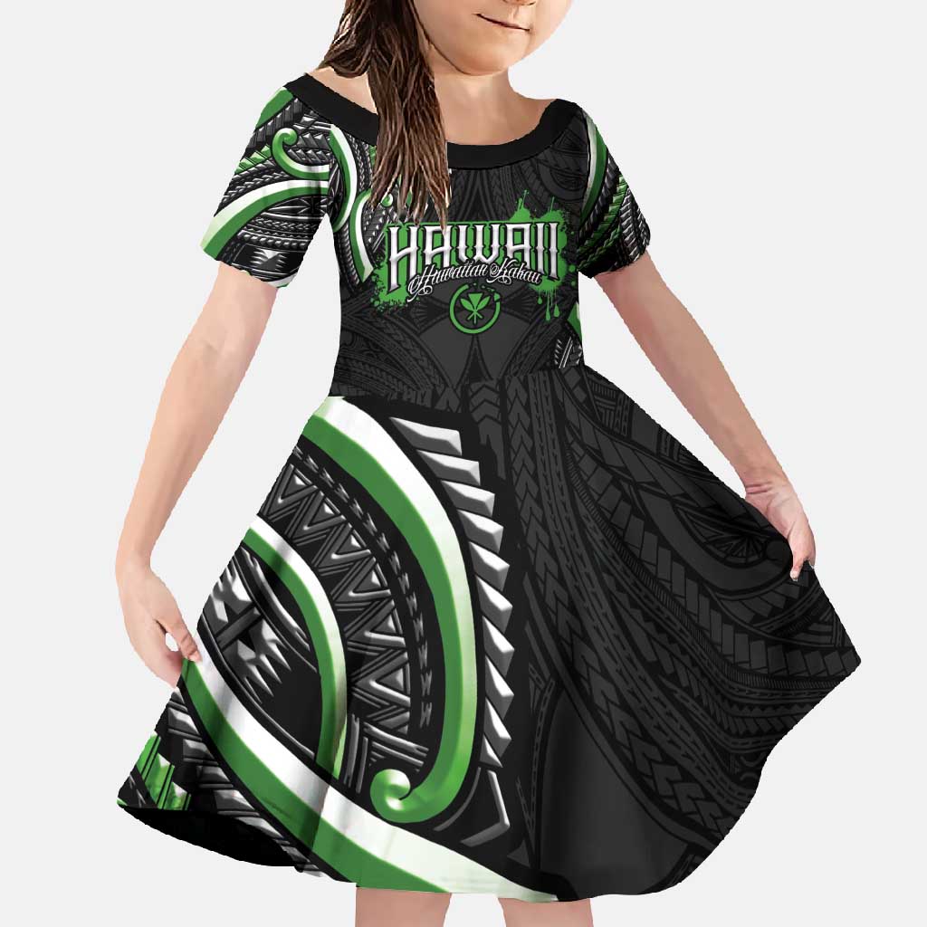 Traditional Art Hawaiian Kakau Tattoos Family Matching Summer Maxi Dress and Hawaiian Shirt Green Color LT03 Daughter's Dress Green - Polynesian Pride