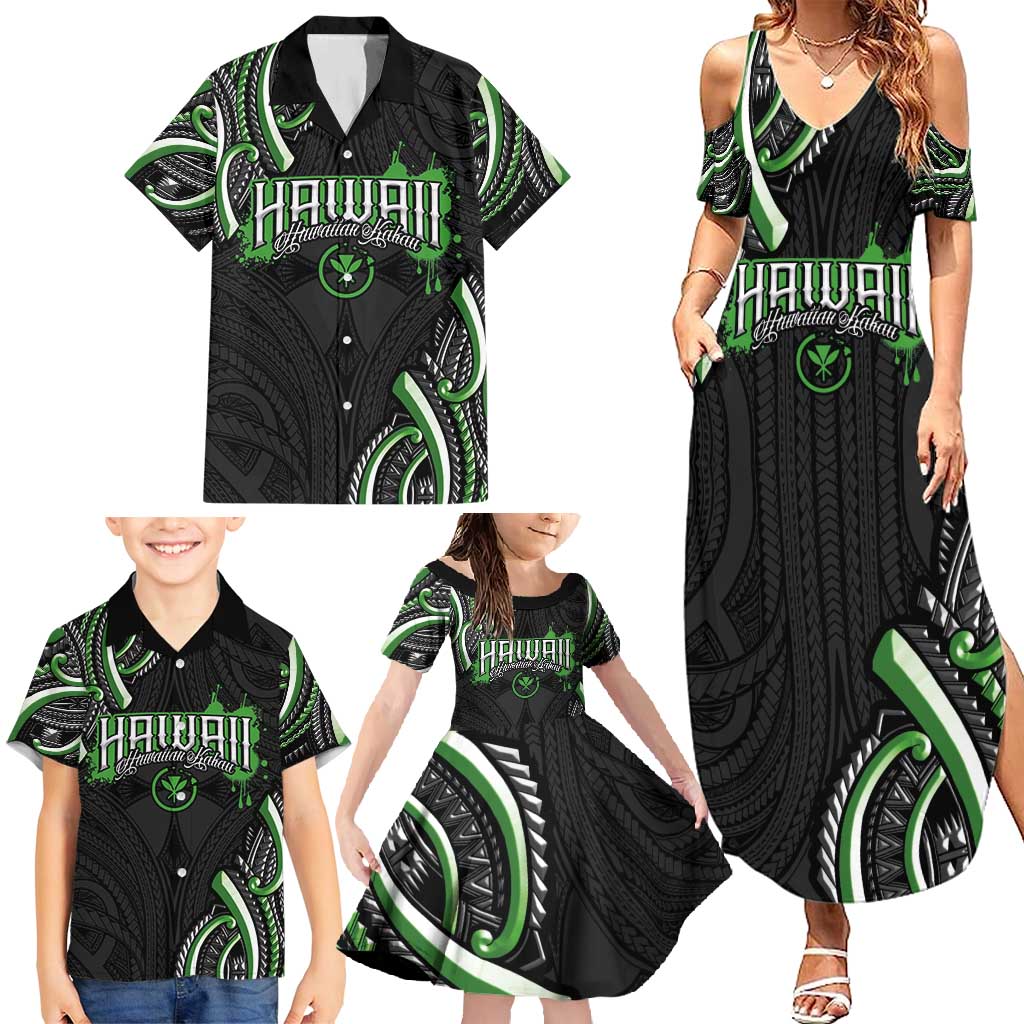 Traditional Art Hawaiian Kakau Tattoos Family Matching Summer Maxi Dress and Hawaiian Shirt Green Color - Polynesian Pride