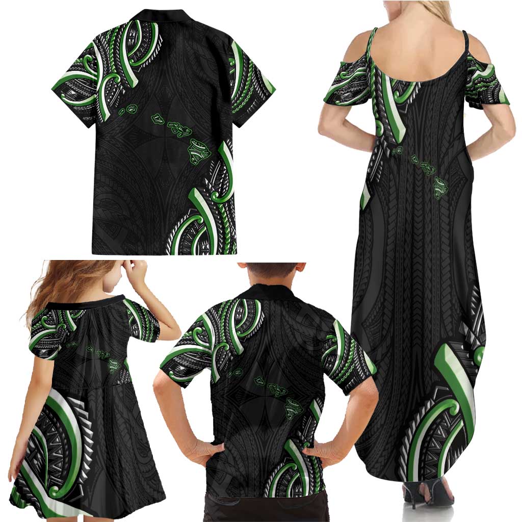 Traditional Art Hawaiian Kakau Tattoos Family Matching Summer Maxi Dress and Hawaiian Shirt Green Color LT03 - Polynesian Pride