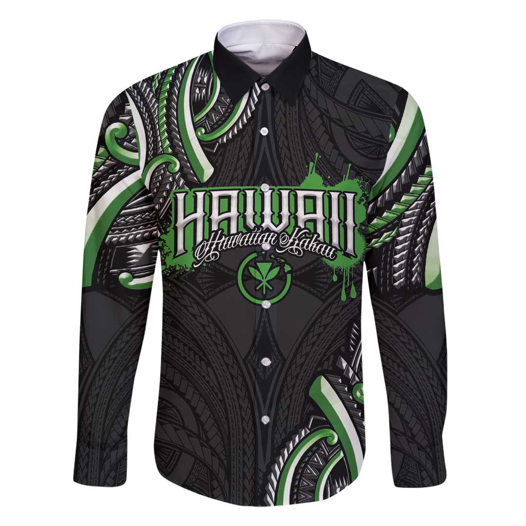 Traditional Art Hawaiian Kakau Tattoos Family Matching Summer Maxi Dress and Hawaiian Shirt Green Color LT03 Dad's Shirt - Long Sleeve Green - Polynesian Pride
