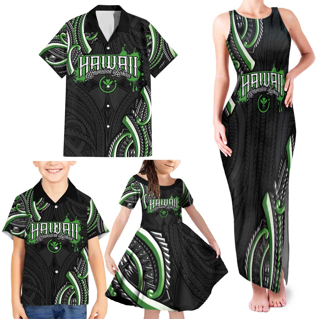 Traditional Art Hawaiian Kakau Tattoos Family Matching Tank Maxi Dress and Hawaiian Shirt Green Color - Polynesian Pride