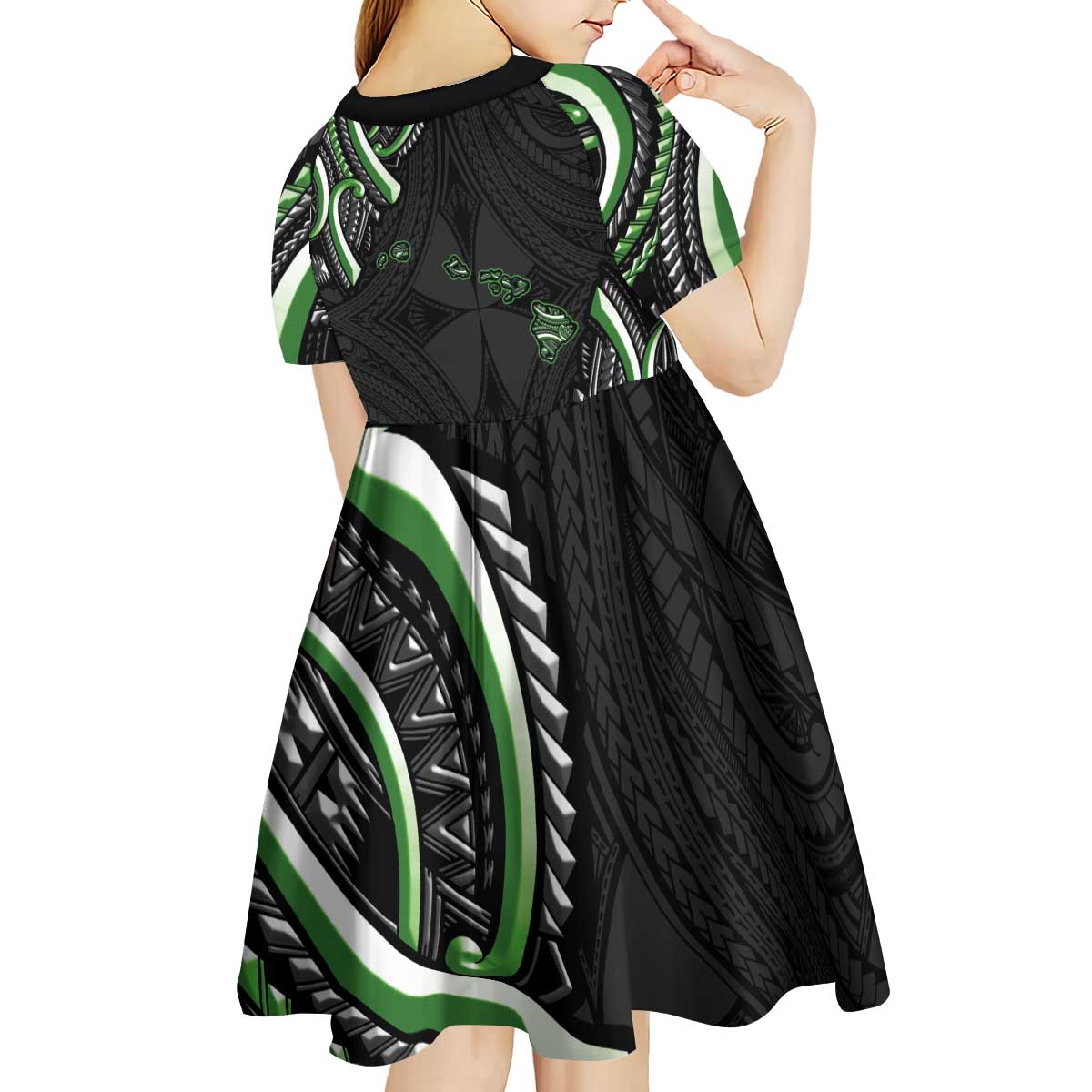 Traditional Art Hawaiian Kakau Tattoos Kid Short Sleeve Dress Green Color - Polynesian Pride
