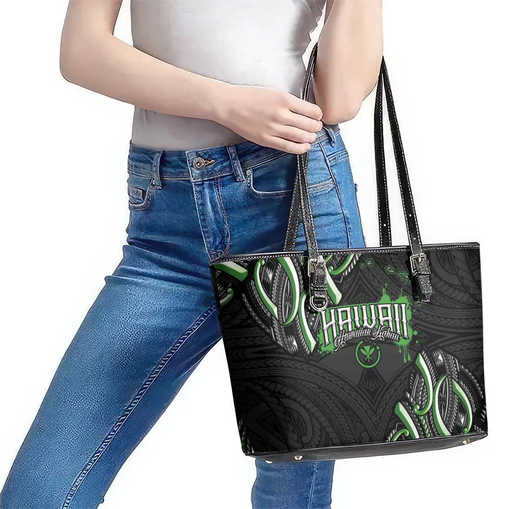 Traditional Art Hawaiian Kakau Tattoos Leather Tote Bag Green Color - Polynesian Pride