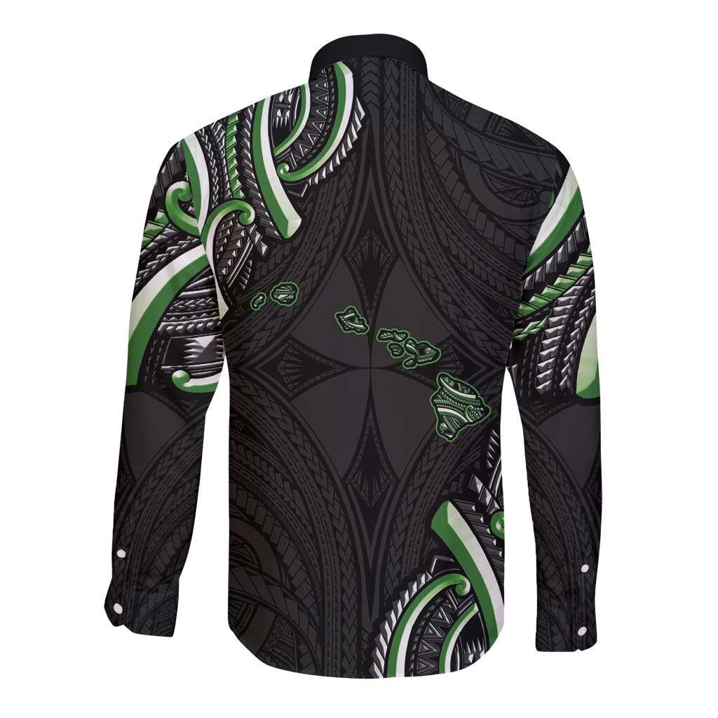 Traditional Art Hawaiian Kakau Tattoos Long Sleeve Button Shirt Green Color - Polynesian Pride