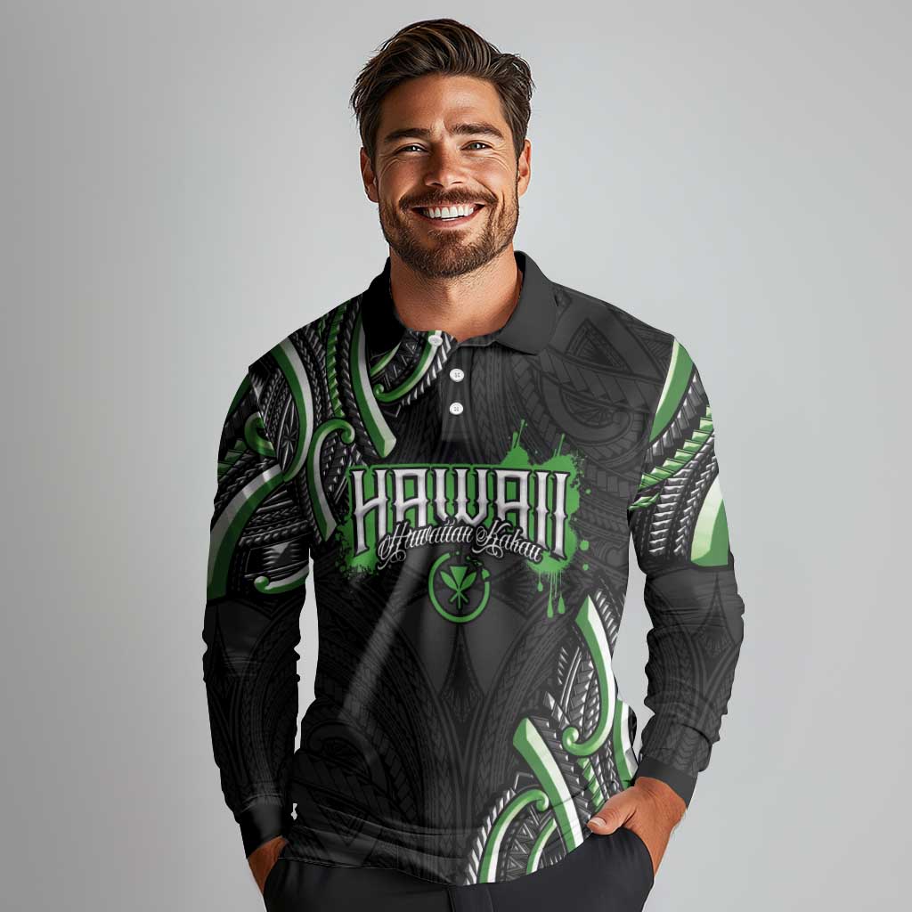 Traditional Art Hawaiian Kakau Tattoos Long Sleeve Polo Shirt Green Color - Polynesian Pride
