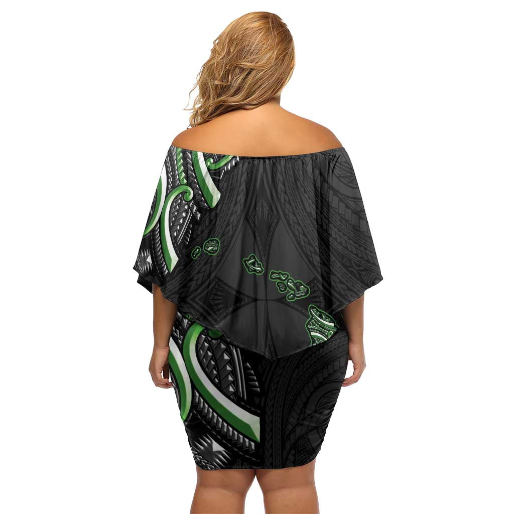 Traditional Art Hawaiian Kakau Tattoos Off Shoulder Short Dress Green Color - Polynesian Pride