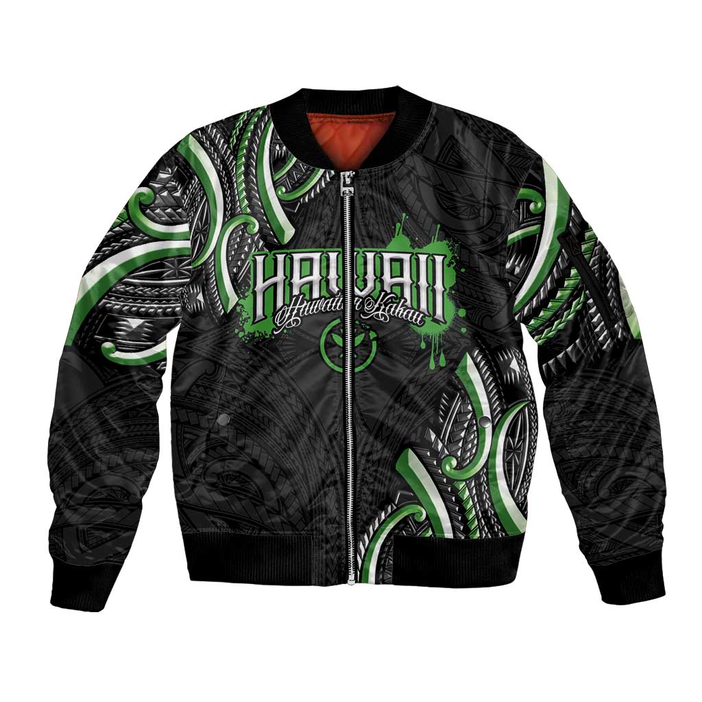 Traditional Art Hawaiian Kakau Tattoos Sleeve Zip Bomber Jacket Green Color - Polynesian Pride