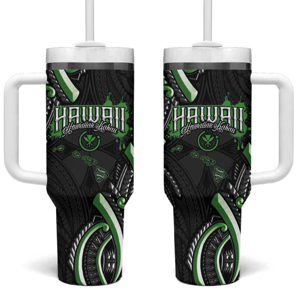 Traditional Art Hawaiian Kakau Tattoos Tumbler With Handle Green Color - Polynesian Pride