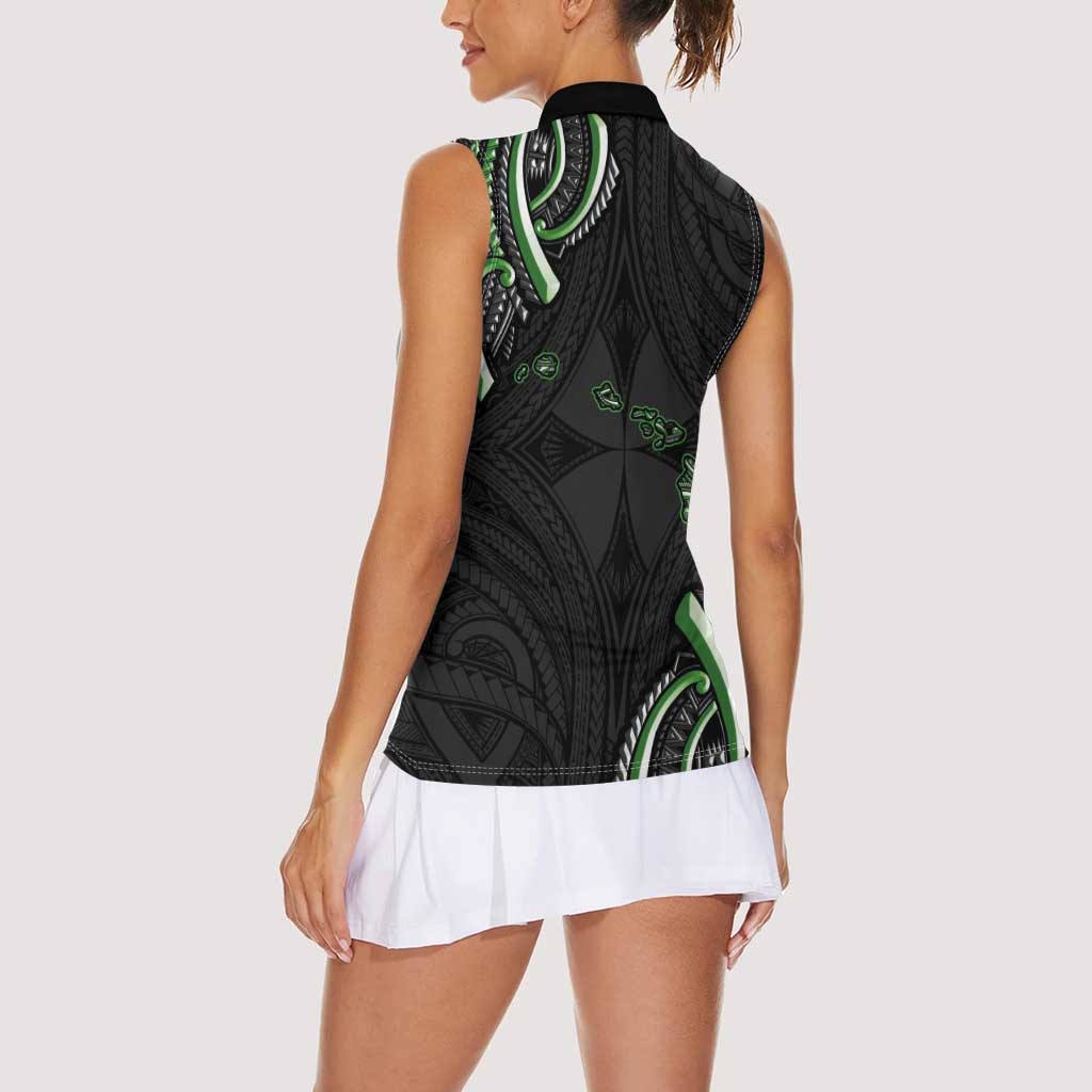 Traditional Art Hawaiian Kakau Tattoos Women Sleeveless Polo Shirt Green Color LT03 - Polynesian Pride