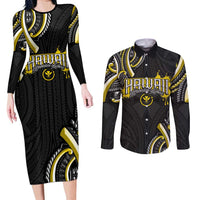 Traditional Art Hawaiian Kakau Tattoos Couples Matching Long Sleeve Bodycon Dress and Long Sleeve Button Shirt Yellow Color LT03 Yellow - Polynesian Pride