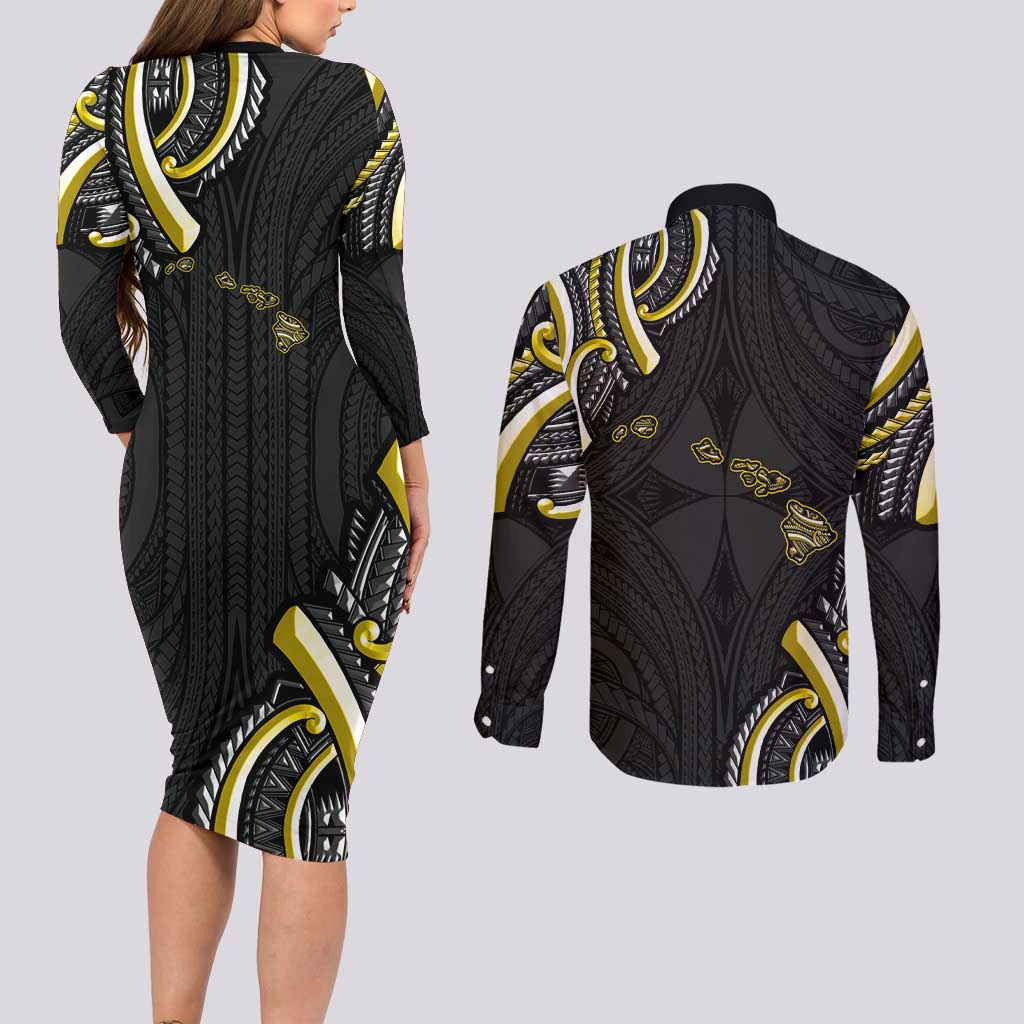 Traditional Art Hawaiian Kakau Tattoos Couples Matching Long Sleeve Bodycon Dress and Long Sleeve Button Shirt Yellow Color LT03 - Polynesian Pride