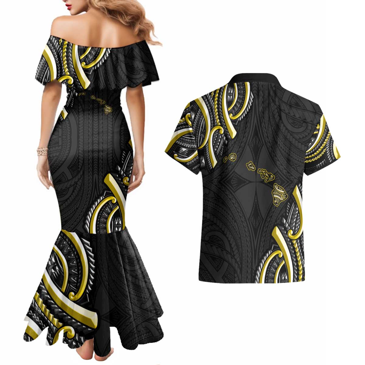 Traditional Art Hawaiian Kakau Tattoos Couples Matching Mermaid Dress and Hawaiian Shirt Yellow Color LT03 - Polynesian Pride