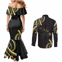 Traditional Art Hawaiian Kakau Tattoos Couples Matching Mermaid Dress and Long Sleeve Button Shirt Yellow Color LT03 - Polynesian Pride