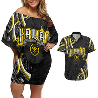 Traditional Art Hawaiian Kakau Tattoos Couples Matching Off Shoulder Short Dress and Hawaiian Shirt Yellow Color LT03 Yellow - Polynesian Pride
