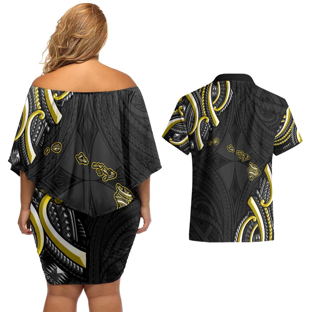 Traditional Art Hawaiian Kakau Tattoos Couples Matching Off Shoulder Short Dress and Hawaiian Shirt Yellow Color LT03 - Polynesian Pride
