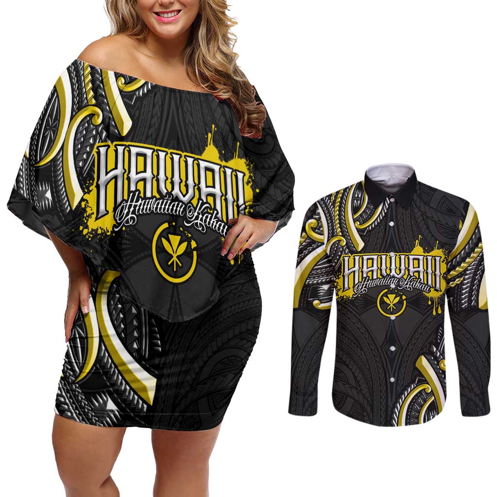 Traditional Art Hawaiian Kakau Tattoos Couples Matching Off Shoulder Short Dress and Long Sleeve Button Shirt Yellow Color - Polynesian Pride
