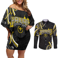 Traditional Art Hawaiian Kakau Tattoos Couples Matching Off Shoulder Short Dress and Long Sleeve Button Shirt Yellow Color LT03 Yellow - Polynesian Pride
