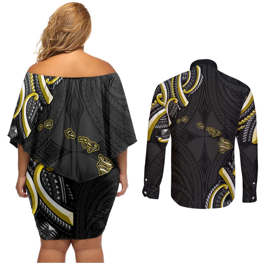 Traditional Art Hawaiian Kakau Tattoos Couples Matching Off Shoulder Short Dress and Long Sleeve Button Shirt Yellow Color LT03 - Polynesian Pride
