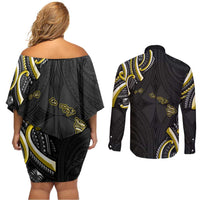 Traditional Art Hawaiian Kakau Tattoos Couples Matching Off Shoulder Short Dress and Long Sleeve Button Shirt Yellow Color LT03 - Polynesian Pride